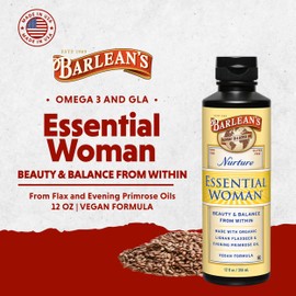 Barlean's Essential Woman Liquid Supplement for Women, Organic Flaxseed and Evening Primrose Oil for Healthy Hair, Nails and Skin, Omega 3 6 9 and GLA, 12 oz
