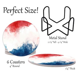 Red White and Blue USA American Flag United States Round Coasters Set of 6 - Abosrbent Ceramic with Metal Stand for Drinks, Coffee, Non-Slip Cork Back