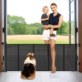 Reinforced 28" Tall Dog Gate 80" Wide Retractable Baby Gate, Easy Step Over Pet Gate Indoor Outdoor Retractable Gate with Support Rods, Short Baby Gate Stair Gate, Puppy Gates for The House, Black