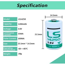 20 Pack LS14250 1/2 AA 3.6V Lithium Battery Replace for LS14250 14250 Battery, LS 14250 C, 1200mah