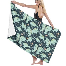 Hitamus Manatee Microfiber Bath Towel Quick Dry Absorbent Oversized Plush Beach Blanket for Sports Travel Pool Swimming Bathroom (52" X 32")