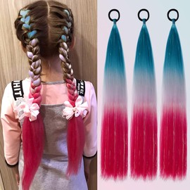 PORSMEER 3 Pack Hair Tinsel Colored Braided Ponytail Extension,colorful Gradient Hair Extensions with Elastic Tie Wrap Around Braiding Sparkling Hair Extension for Braids 24inch(Green/Silver Gray/Red)