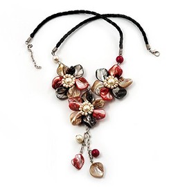 Avalaya Shell-Composite Triple Flower With Tassel Leather Cord Necklace - 42cm Length