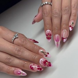 RUNRAYAY Almond Pink Press on Nails Medium, Flower Stick on Nails, Summer Fake Nails Reusable Acrylic Stick on False Nails Kit for Women