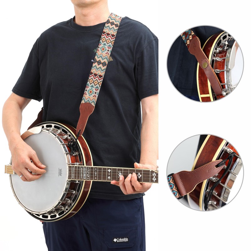 Nefelibata Banjo Strap 2" Wide Full Grain Leather Jacquard Embroidered