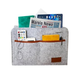 KAKKOII Bedside Caddy, Sofa Caddy, Storage Organizer Pocket for Dorm, Bedroom, 5 Pockets Felt Organizer for Magazine, Remote, Phone, Tablet, Pad, Glasses, Pen, Remote Control (Light Grey-Short)