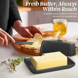 Flexzion Ceramic Gray European Butter Dish with Lid for Countertop (7 Inch) - Wide 2 Stick Double Butter Holder for Counter, Cream Cheese Container Storage Keeper