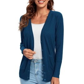 Urban CoCo Women's Long Sleeve Button Down Basic Cardigan Sweater (Indigo Blue, L)