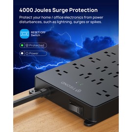 TROND Surge Protector Power Strip 15 FT Cord, Flat Plug Extension Cord with Multiple Outlets, Large 22 Outlets with 2 USB C and 2 USB A Ports, Wall Mountable, Heavy Duty, 4000J, ETL Listed, Black
