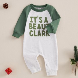 BULINGNA Newborn Baby Boy Christmas Jumpsuit It's A Beaut Clark Romper Patchwork Sleeve Playsuit Fall Winter One Piece Outfit (Gray+Green, 12-18 Months)