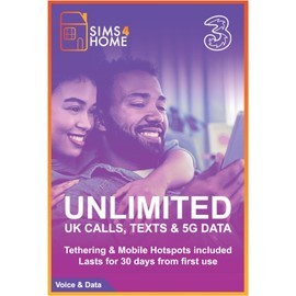 Three Sim Card Preloaded with UNLIMITED UK Calls, Texts & 4G/5G Data. (Valid for 30 days). No Contracts, No Commitments, No Credit Checks, No Tie-ins, No Personal ID. Simple to renew