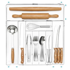 Vtopmart Organizador de cubiertos extensible, organizador de cubiertos de plástico transparente apto para uso alimentario, organizador de cajones...  