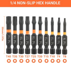 Screwdriver Bit Set 10 Pieces Screwdriver Torx 50 mm Length 1/4 Inch Hex Shank Screwdriver Bit Set (T8, T9, T10, T15, T20, T25, T27, T30, T35, T40)