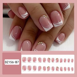 24Pcs French Tip Press on Nails Short Square With Rhinestones - Cute Pink Glue on Extra Short Acrylic Full Cover Glossy False Artificial Nails for Women Girls