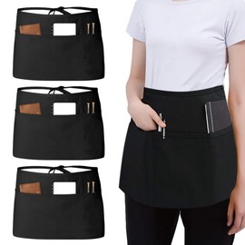 Casenly Pack of 3 Waiter's Aprons, Front Tie Apron 60 x 30 cm Waist Apron with 3 Pockets Men Women Black Bistro Apron Waterproof Half for Cafe Kitchen Restaurant Bar Gardening Painting