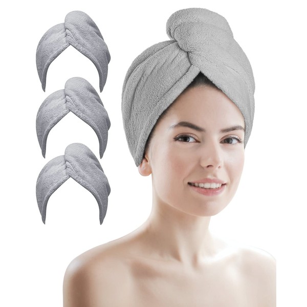 Rantizon Microfibre Hair Towel, 3 Pack Super Absorbent Hair Towel Wrap with Button Design Extremely Soft Hair Wrap Towel Traveling Beach Excursions Sports Grey Microfibre Towel