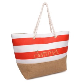 Moelund Large Stylish Beach Bag With Zipper And Rope Handle, Foldable Big Capacity For Travel Gym Shopping Beach Pool Picnic (Red Stripe)