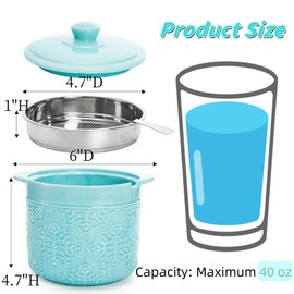 Lyellfe Ceramic Bacon Grease Container, 1200ml / 40oz Large Oil Storage Canister with Strainer Easy-Grip Handle, Blue Fat Cooking Oil Can for Grease Dripping Kitchen