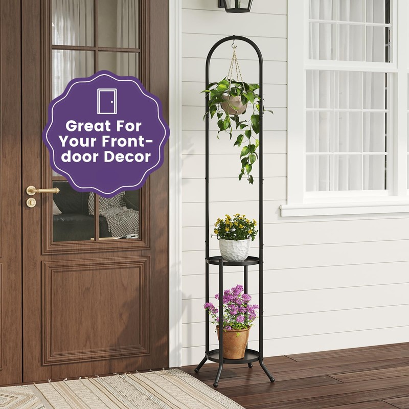 Wieghda 2-Tier Metal Plant Stand with Hanging Hook, Indoor Outdoor