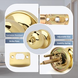 Moquin Flat Ball Entry Door Knob with Keys, Round Interior Door Knob in Polished Brass Finish, Keyed Doorknob Lock for Front Entrance