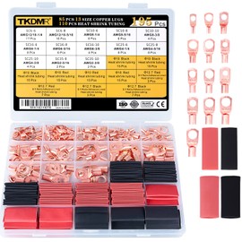 TKDMR 195Pcs Copper Wire Lugs AWG2 4 6 8 10 12 with Heat Shrink Set, 85Pcs Battery Cable Lugs Battery Cable Ends Ring Terminals Connectors with 110Pcs Heat Shrink Tubing Assortment Kit