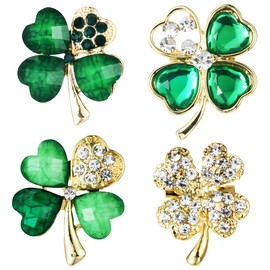 4 Pieces Four Leaf Clover Brooch, Green Rhinestone Brooch, Crystal Brooch, Christmas Brooch, Brooch Symbol of Happiness, for Women, Girls
