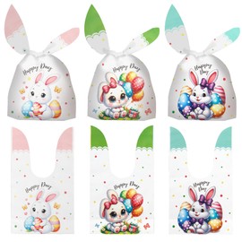 Easter Treat Bags, 100 PCS Easter Candy Bags, Easter Gift Bags, Easter Goodie Bags, Rabbit Ear Shape Plastic Easter Cookie Bags Snack Bags Goody Bags for Kids Easter Party Favor Supplies, 3 Styles