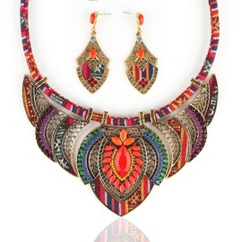 Zhlichouy Gold African Jewelry Sets for Women,Boho Tribal Retro Statement Choker Necklace and Dainty Dangle Earring Set,Multicolor Ethnic Style Chunky Bib Collar Costume Jewelry Accessories for Women
