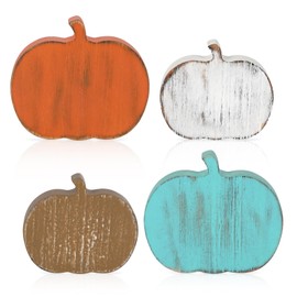 COCHIE Wooden Fall Pumpkins Decorations for Home Office Indoor, Farmhouse Thanksgiving Table Tiered Tray Decor Set of 4, Vintage Fall Harvest Pumpkin Block Signs Tabletop Shelf Decoration (Rrtro)