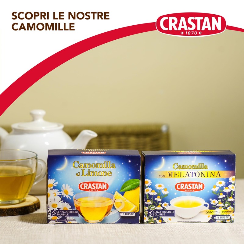 Crastan Camomilla Solubile con Melatonina, senza Zuccheri Aggiunti, 16 Bustine,