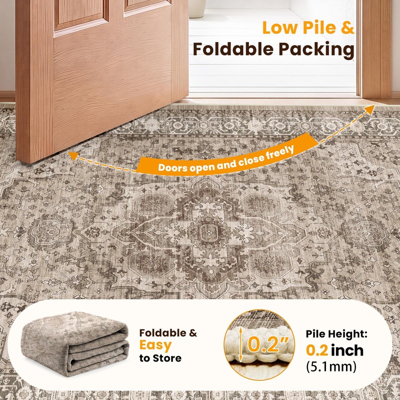 8x10 Area Rug Living Room, Vintage Washable Carpet Brown