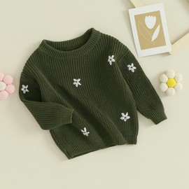 Toddler Baby Girl Knit Sweater Round Neck Long Sleeve Floral Embroidery Warm Pullover Tops Infant Fall Winter Clothes (C-Dark Green, 2-3 Years)
