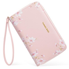 Women's Wallet with Flower Pattern - Stylish Wallet with Wrist Strap Zip RFID Protection Wallet Gift for Women Pink, colour, Casual