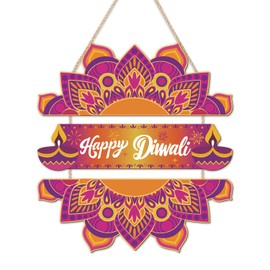 LHIUEM Happy Diwali Wooden Signs Indian Festival of Lights Door Hanging Decor Set of 3(4”X11”) Indian Wreath Garland,Dewalee Wood Wall Hanging,Diya Lotus Door Hanger Diwali Party Decor for Home Porch