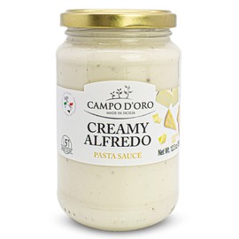 Creamy Alfredo Pasta Sauce, 12.3oz (350g). Homemade in Sicily, Italy, topping, dip, pizza, Spaghetti, Fettuccine, Made with DOP Parmigiano Reggiano and Pecorino Romano Cheese, Campo D'Oro.