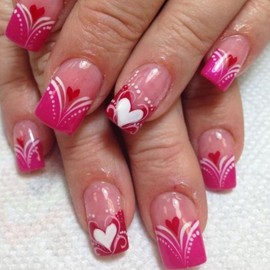 French Tip Press on Nails Square with Pink Love Girl Cute Medium Square Nails Fake Nails Heart Design Valentines Day Acrylic Nails False Nails Heart Full Cover Stick on Nails for Women Girls 24Pcs