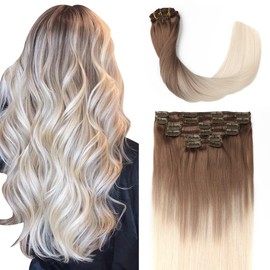 Sindra Real Human Hair Extensions Clip 55 cm 120 g 6 Pieces Real Human Hair Ombre Ash Brown to Platinum Blonde Natural Straight C#8T60 22 Inches