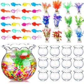 Jexine 12 Pack Plastic Fish Bowl 48 Pcs Floating Fake Goldfish 12 Pcs Artificial Aquatic Plant 2.65 Pounds Fish Tank Rocks for Household Office Aquarium Tank Decorations Accessories