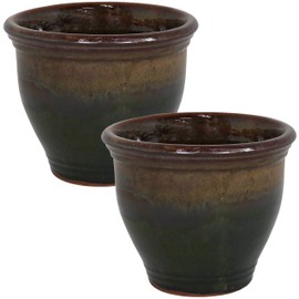 Sunnydaze Studio Ceramic Flower Pot Planter with Drainage Holes - Set of 2 - High-Fired Glazed UV and Frost-Resistant Finish - Outdoor/Indoor Use - Forest Lake Green - 9-Inch