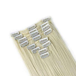 Clip in Hair Extensions - Bleach Blonde - Straight - 22in / 56cm - Full Head - 8 Pcs 150g - Heat Resistant Hair Piece