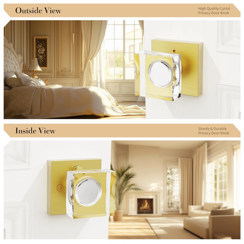 Brushed Gold Door Knob Privacy Crystal Glass Interior Lock, Satin