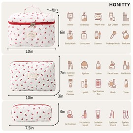 Cosmetic Bag, Quilted Cosmetic Bag for Women, Flower Makeup Bag, Travel Toilet Organiser Bag Set, cherry