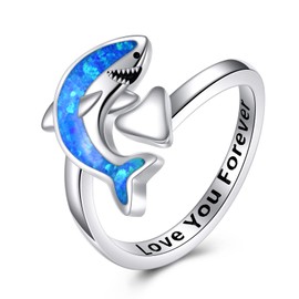 DAYLINLOVE Shark Ring 925 Sterling Silver Opal Shark Ring Shark Jewelry Gift for Women Shark Lovers