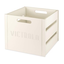 Victrola Wooden Record Crate – Tabletop Vinyl Album Holder, No-Tool Assembly, Holds Over 50 Records, Real Wood Construction, Elegant Design (White)