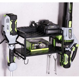 KAFAHOM Leaf Blower and Weed Eater Rack with Charging Station, Lawn Power Tool Organizer Wall Mount, Lawn Tool Storage Rack for Leaf Blower, Weed Eater, Battery, Charger, Black