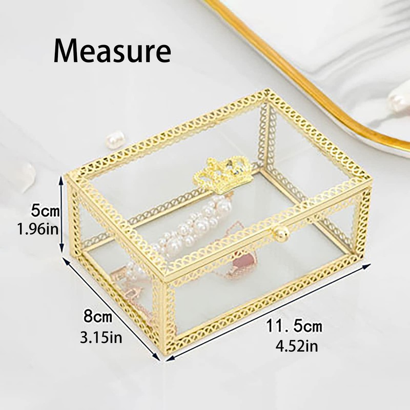 NAJMECHOY ガラスジュエリーボックス ミラーボトム クラウン蓋付き メイクボックス リップスティックリングピアス 収納ボックス ゴールドガラスボックスリング ブレスレットディスプレイ 透明ボックス