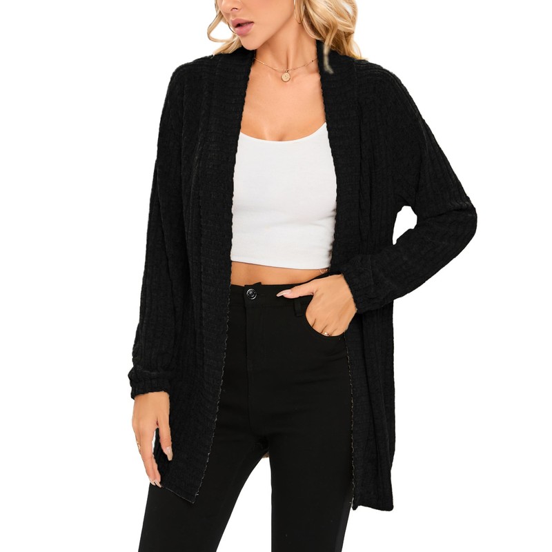 iChunhua Lightweight Soft Long Length Open Front Black Cardigans for