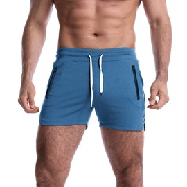 EVERWORTH Pantalones cortos de entrenamiento con entrepierna de 3 pulgadas para hombre, de secado rápido, pantalones cortos ligeros para hombre, con forro y bolsillos con cierre, Azul / Patchwork, Small
