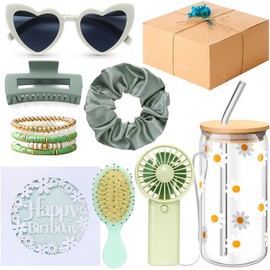 Zeyune 10 Pcs Birthday Gifts For Women Teen Girl Her Happy Birthday Gift Set Ideas for Friend Sister Daughter Coworkers Families Cute Daisy Aesthetic Glass Cups Present Set(Green)