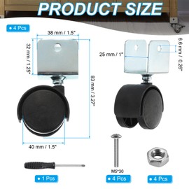 PATIKIL 1.5" Swivel Caster with 1" U Bracket, 4 Pack 360° Rotation Swivel No Noise Wheel Total Load Capacity 66 Lbs Galvanized Surface Caster for Furniture Legs